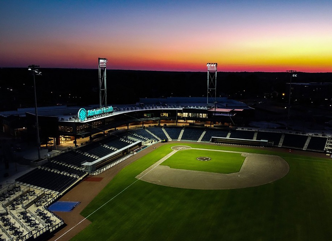 Service Center - Aerial View of the Atrium Ball Field with a Colorful Sunset Sky in Kannapolis North Carolina
